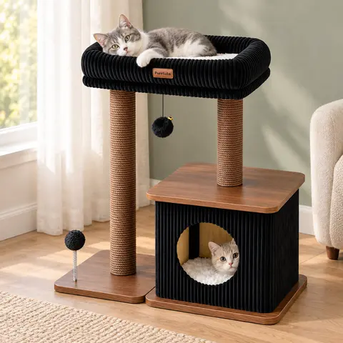 Modern Wooden Cat Tree for Indoor Cats, Small Cat Tower with Spacious Plush Top Perch, Cozy Condo, Sisal Scratching Posts and Removable Cushions