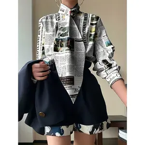 [Newspaper Printed Shirt] Chic Polyester Newspaper Shirt - Elegant Long Sleeve Stand Collar Office Top, Available in S to 2XL Fit Shirts for Casual Fabric Winter Women's Comfortable Multicolor