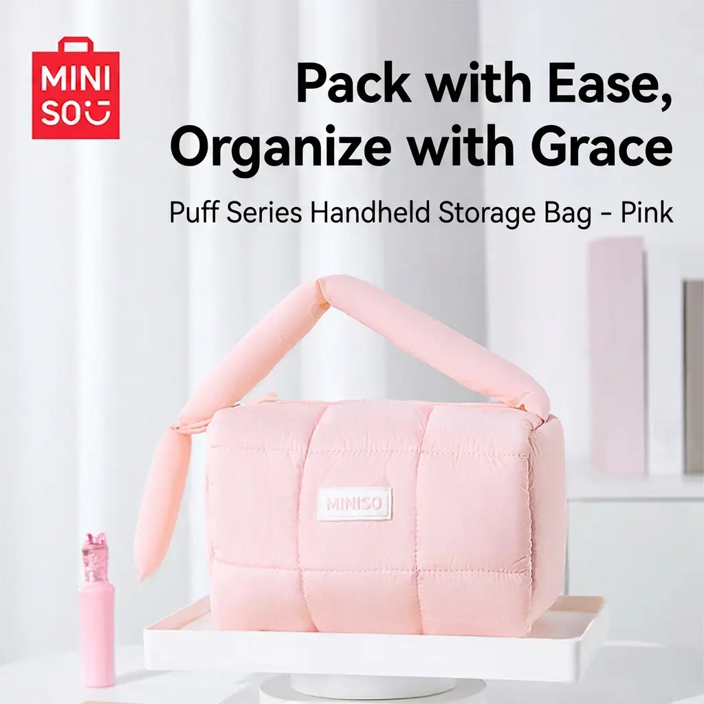 MINISO Puff Series Handheld Storage Pouch – Cute Portable Organizer Bag, Perfect for Makeup, Stationery & Small Essentials, Adorable Kawaii Accessory for Everyday Carry!