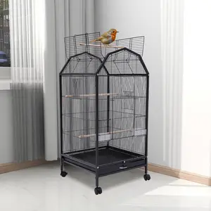 Black Iron Bird Cage (18.11x18.11x39.96 in, 7.5kg/16.53lbs) for Small-Mid-Sized Birds, 360° Open View, Lockable Skylight, 5 Doors, Solid Wood Perches, Slide-Out Tray, 4 Universal Wheels, 2 Feeding Cups, 3 Standing Poles, Indoor Home Use, 18.11*18.11*39.96