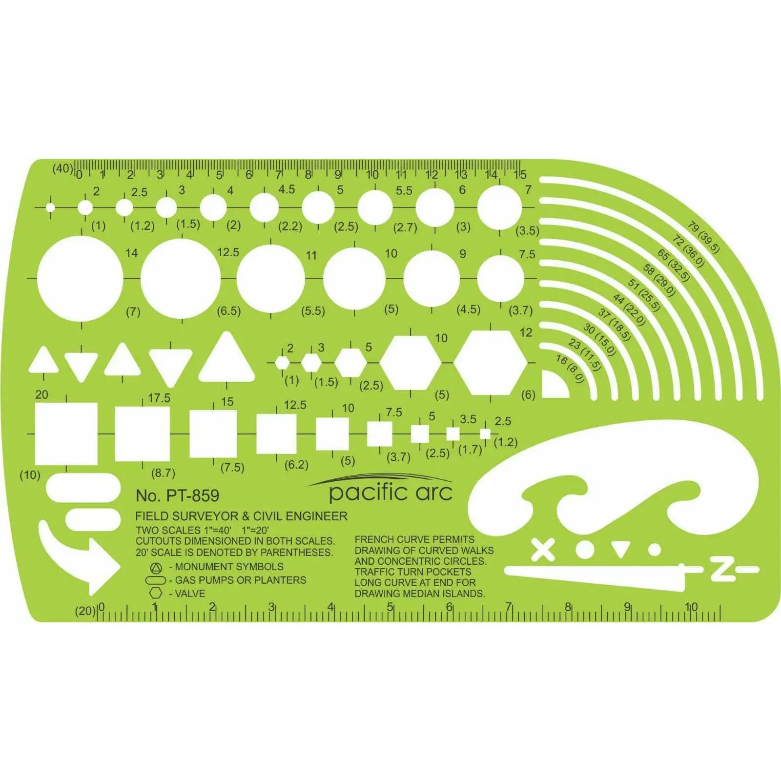 Pacific Arc - Survey & Civil Engineer Template - Drawing Aid Stencil for Professional or School Work - size 3.87 x 6.5 inch