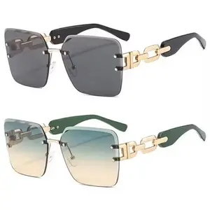 Square Rimless Diamond Cutting Sunglasses with Gold Accents and Colorful Lenses