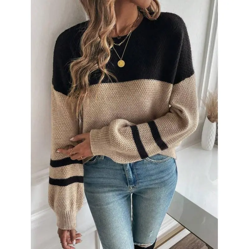 Color Block Drop Shoulder Sweater,Long Sleeve Tops Knit Pullover Fall Winter Outfit Fabric Knitwear