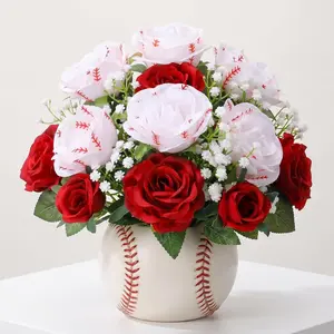 Tigeen 13 Pcs Baseball Rose Bouquet with Baby's Breath, Artificial Baseball Flowers for Senior Night Gifts, Party Favors, Graduation Birthday Decorations, Table Centerpieces (Red & White)