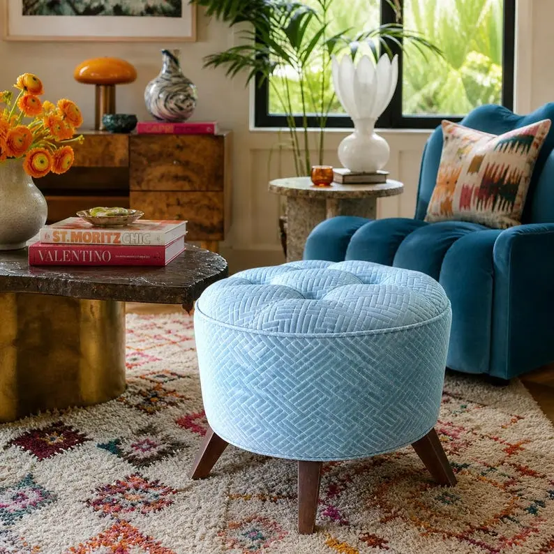 Pouf Stool Velvet Teal, Handmade Furniture, Ottoman Bench, Mid Century Modern Stool, Round Stool, Coffee Table, Upholstered Bench