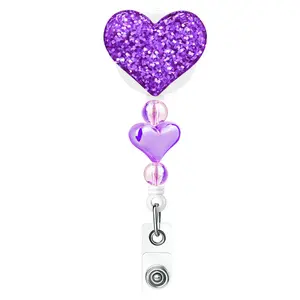 Glitter Badge Holder, 1 Count Heart Shaped Retractable Badge Holder with Clip, Sparkly Beaded Badge Reel for Women