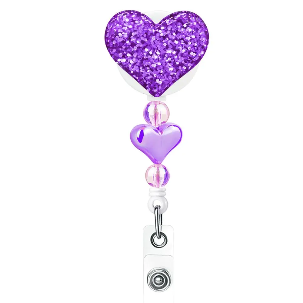 Glitter Badge Holder, 1 Count Heart Shaped Retractable Badge Holder with Clip, Sparkly Beaded Badge Reel for Women