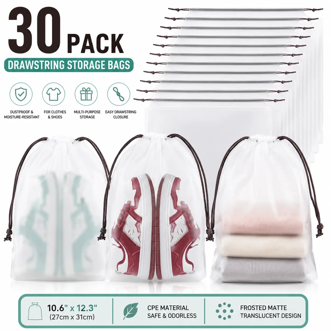 30 Pack Sandblasted CPE Drawstring Storage Bags with Ties – 10.6×12.3" Frosted Matte Pouches, Dustproof Moisture-Resistant String Bags for Clothes, Shoes, Toys, Gifts, Travel (Translucent White) @