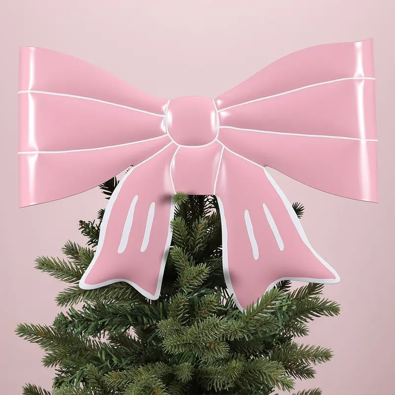 Pink Bow Christmas Tree Topper Metal Bow Tree Topper 13.4 x 9.4 Inch Coquette Pink Christmas Ornament for Xmas Party Table Home Decorations