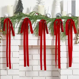 6 Pcs Red Long Velvet Bows Christmas Ornaments 23.5x15.5 Inch Vintage Large Velvet Christmas Swag Staircase Wreath Tree Topper Bows for Outdoor Decor