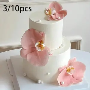 3/10 Pcs Realistic Orchid Cake Decorations, Touch-Realistic Fake Flowers, Wedding Birthday Party Decor, DIY Accessories, Theme Party Supplies