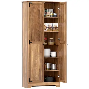 HOMCOM 72" Tall Farmhouse Kitchen Pantry Cabinet, Freestanding Storage Cabinet with Adjustable Shelves and Recessed Doors, Brown