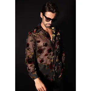Barabas Gran Roses Men's Fitted Long Sleeve Shirt - Floral Rose Pattern, Lightweight Semi-Transparent Fabric, Dry Clean Only, Original Design Menswear Top Polyester - Day