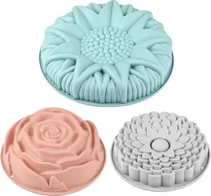 3 Pack Flower Shape Silicone Cake Molds, Large Round Silicone Molds for Baking Cake, Breads, Pies, Tarts, Jello (Rose, Chrysanthemum, Sunflower)