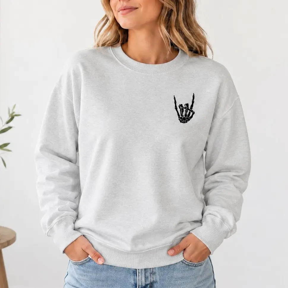 Skeleton Rock Hand Sweatshirt for Women, Minimalist Rock On Graphic Crewneck, Gothic Skeleton Hand Pullover, Spooky Alternative Sweatshirt, Halloween Gift for Her