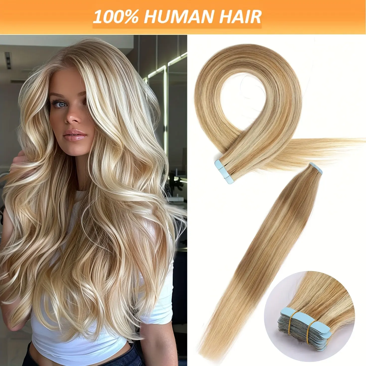 2025 Hot 1/3 Pack Tape in Hair Extensions: 20 Pcs 30G / 60 Pcs 90G, 18-26 Inch Light Blonde Highlighted Golden Blonde Remy Hair Extensions, Straight Human Hair Tape in Extensions, Skin Weft Tape Extensions, Human Hair