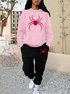 Women's Spider Print Sweatshirt & Elastic Waist Sweatpants Set, Casual Round Neck Long Sleeve Pullover & Pocket Jogger Pants, Women's Fall & Winter Clothes