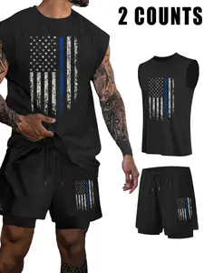 Men's Thin Blue Line American Flag 2-Piece Gym Outfit, 2026 Trendy 2-in-1 Compression Liner Shorts & Muscle Tank Set, Distressed Patriotic Law Enforcement Support Activewear, Breathable Sleeveless Workout Set for Bodybuilding Running Training