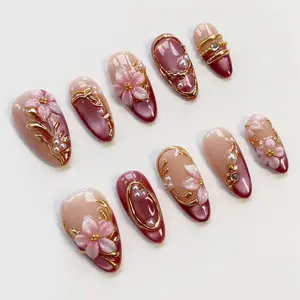 3D Pink Blooming Flower Nails/press on nails long almond nails/Elegant nails/Glitter Pink Cat Eye Nails/3D Gold chrome nails/Birthday nails