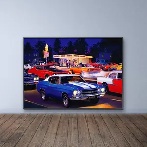 Vintage Car Night Scene Diamond Arts Colorful Painting Kit without Frame, DIY 5D Diamond Arts Colorful Painting Kit, Wall Art Decor for Home Living Room Bedroom, Diamond Painting Kits