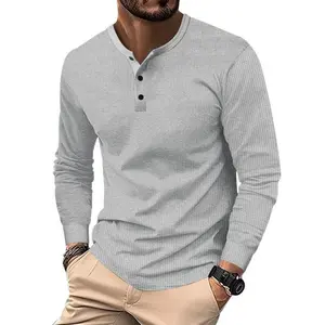 Men’s waffle-knit henley shirt with buttons, long-sleeve casual top for spring and fall, fitted style for outdoor wear