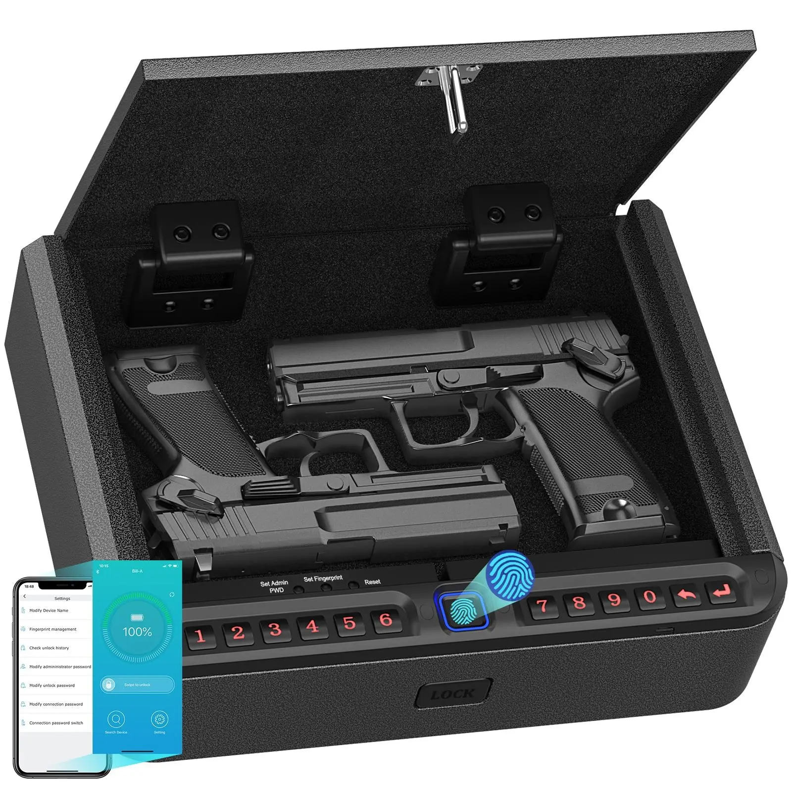 Biometric Gun Safe with APP Control - Biometric 4-Way Quick Access Lock Box (Fingerprint/Keypad/Key) for Nightstand, Bedside & Home