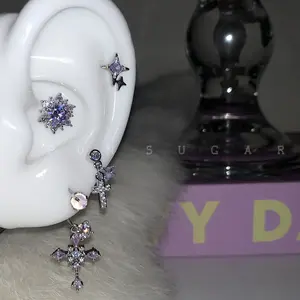 Translucent grape cross horseshoe ear bone stud, purple starburst medical titanium steel snowflake earrings, exquisite women's earrings men