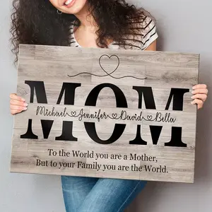 2D Flat, 1pc Personalized Mom Wall Art with Custom Name & Last Sign - Rustic Wood Frame & Wrapped Canvas - Custom Heartfelt Message - Mother's Day Gift, Birthday Present Suitable for Home Office,, - Indoor/ Decor - Hook Installation, poster