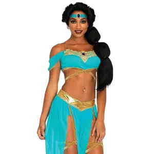 Enchanting Oasis Princess Costume: 4-Piece Teal Gold Arabian Genie Outfit for Women