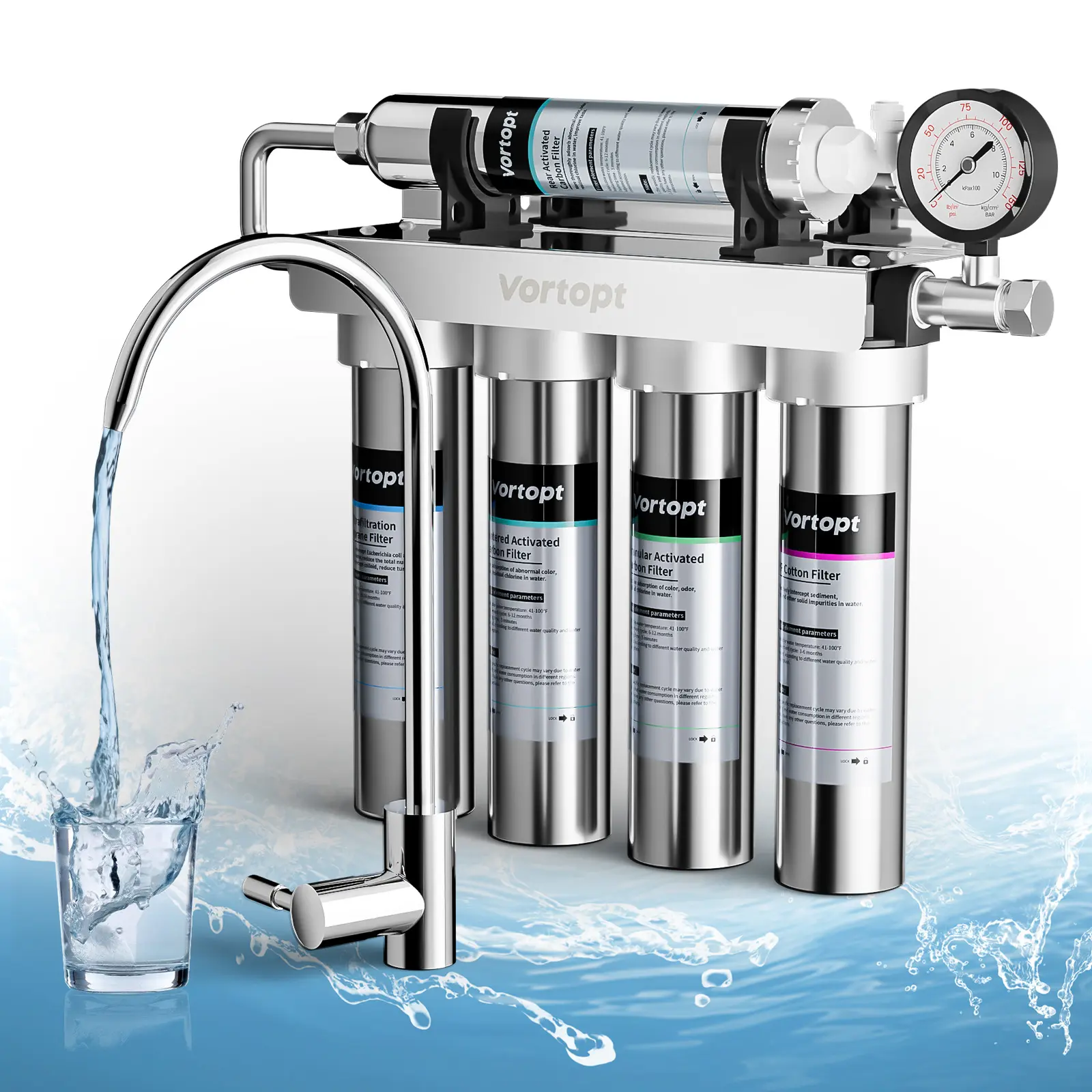 Vortopt Model U1 stainless steel ultrafiltration water purifier, 5-stage water filtration system, reduce heavy metals,bad taste and odors, real-time water pressure monitoring filtration,home essentials