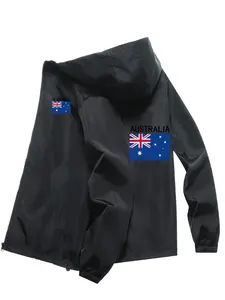 Men's Fashion Jacket with Australia Letter Print, Casual Hooded Design, Zipper Pockets, Polyester Material, Spring & Fall Wear