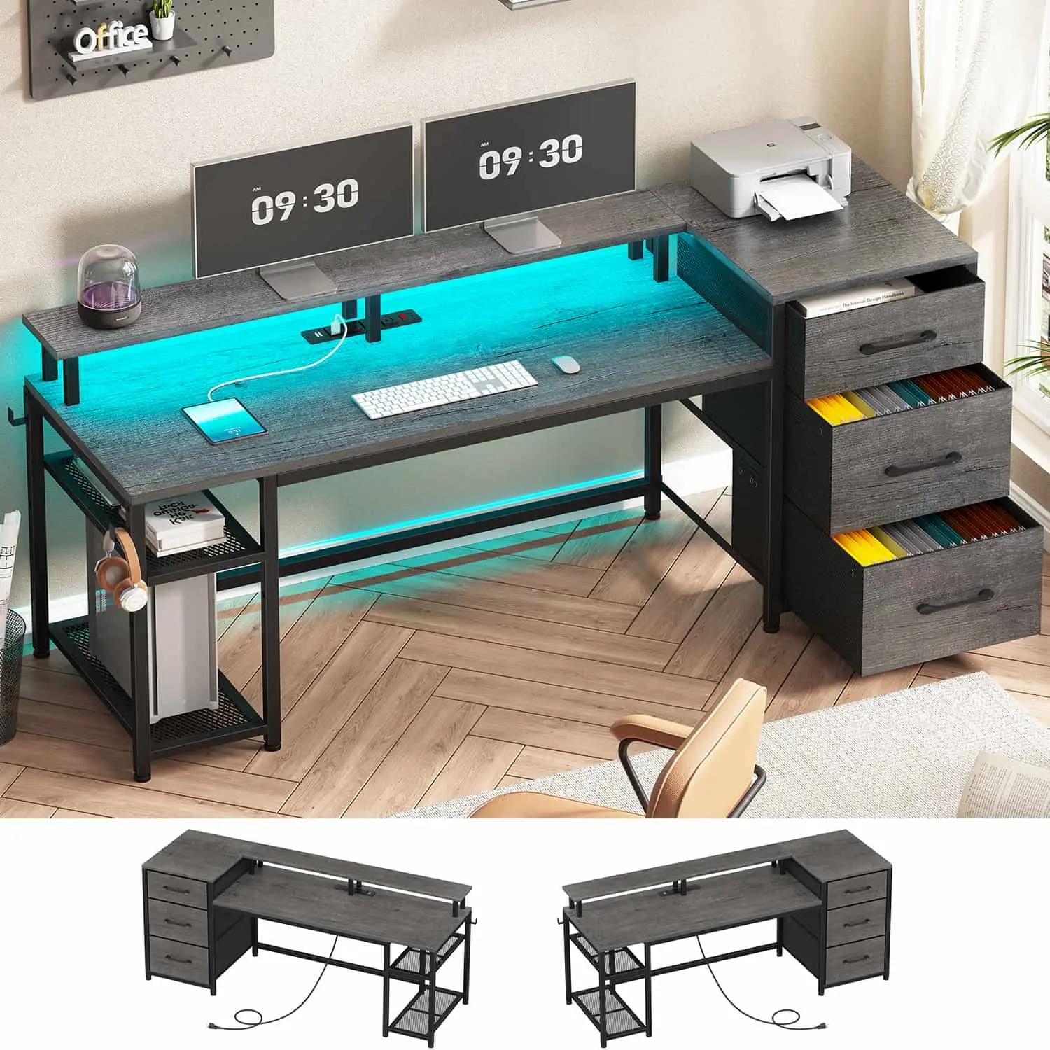 SIKAIC 59-Inch Reversible LED Sturdy Computer Gaming Desk with File Drawers, Dual Monitor Riser, Grey Office Workstation Furniture, Sturdy Computer Desk