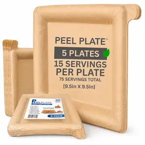 Peel Plate [5-Pack] 75 Servings Total [9.5in X 9.5in] - 1 Month Supply of Reusable Paper Plates Microwavable Peelware