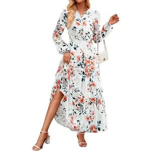 ZESICA Women's 2025 Fall Long Sleeve Maxi Dress Floral Print V Neck Empire Waist A Line Tiered Flowy Boho Party Dresses