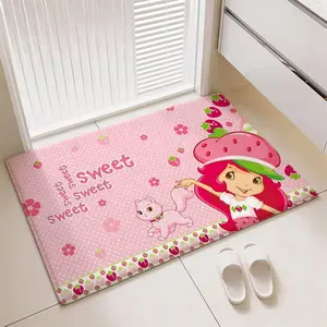 Sweet Character Strawberry Shortcake Floor Mat, Flower Pattern Rugs, Non-Slip Comfy Flannel Thickened Rug Indoor Mat Ultra Soft Absorbent Wear-Resistant Floor Mat for Living Room Hallway Entryway Non-Skid Home Decoration Mat for Indoor Daily Use