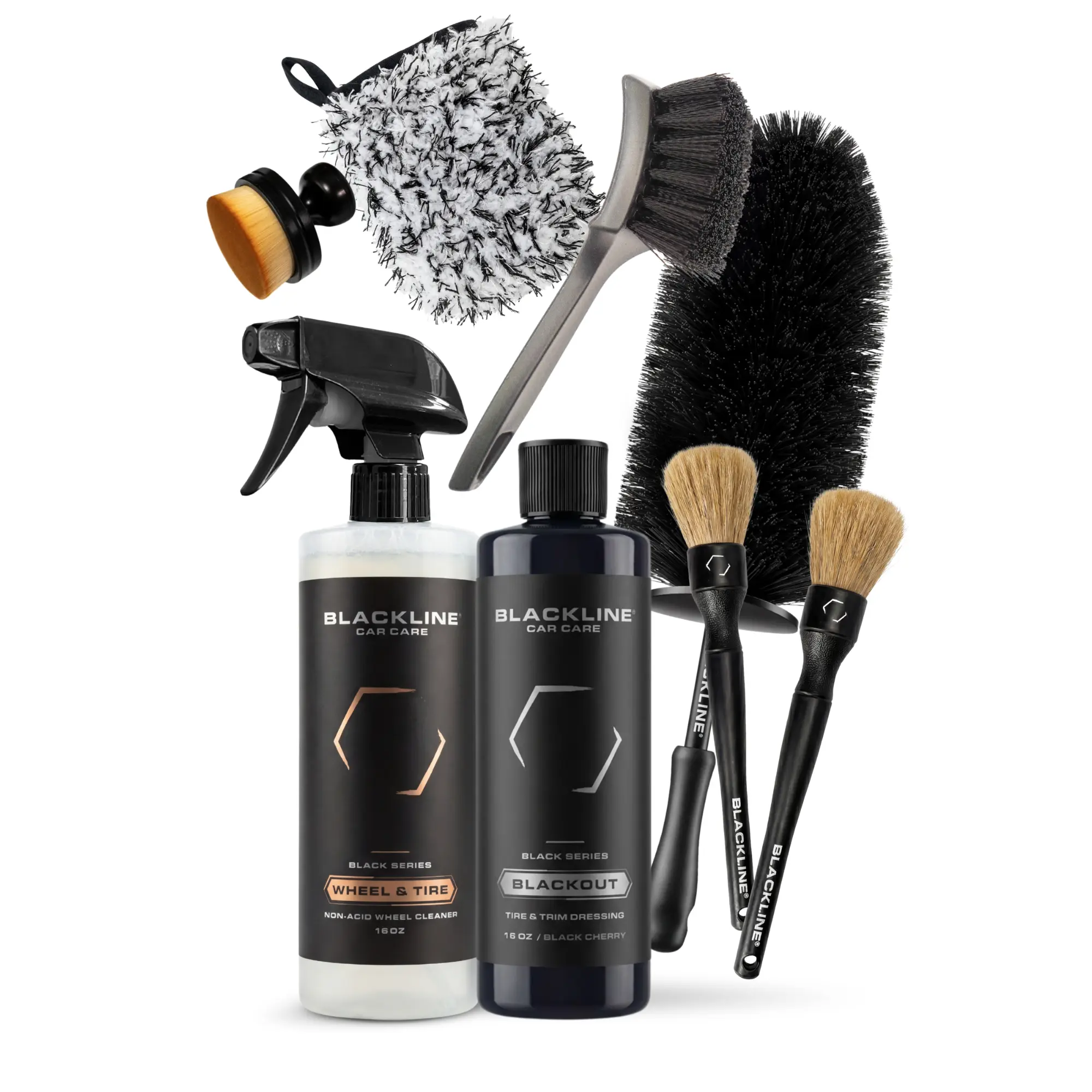 BLACKLINE Blackout Trim & Tire Dressing Bundle – Deep Black No-Sling Shine, Gel & Sprayable Kits with Wheel N' Tire Cleaner, Wheel Mitt & Pro Brush Sets, Complete Wheel Detailing Systems