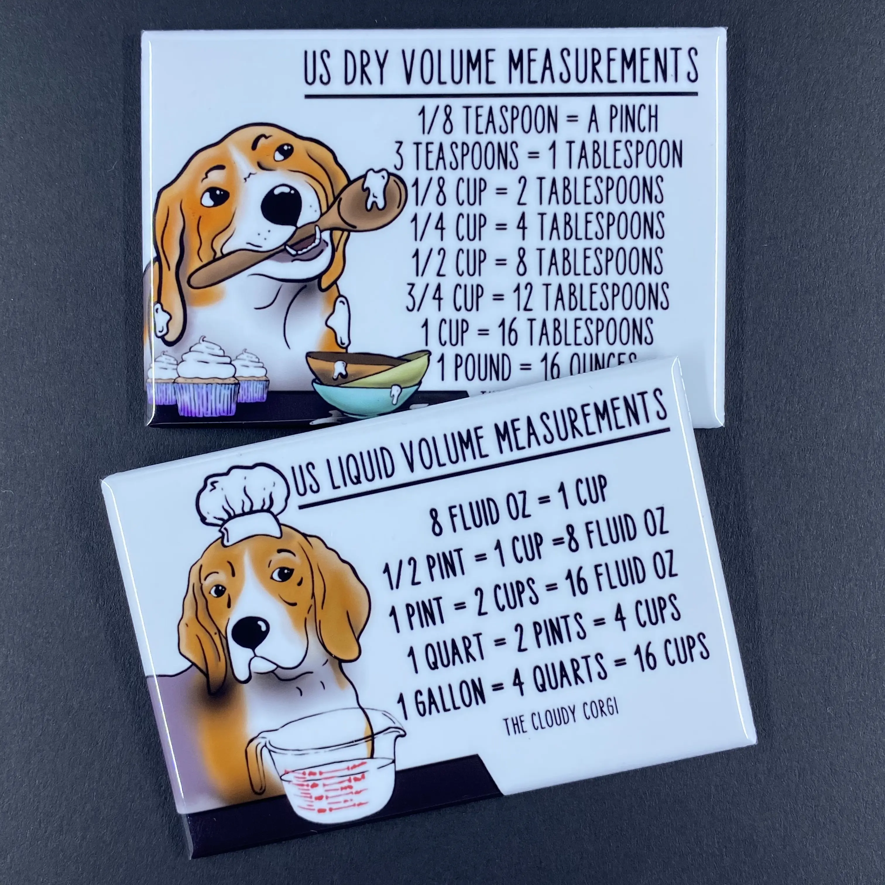 Beagle Kitchen Measuring Chart Magnet Set, Dog Baking and Cooking Conversion Table Magnets, Set of 2 (2x3") Handmade Magnets