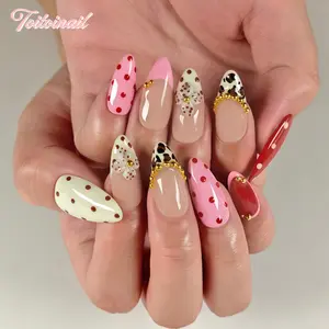 Berry Cow Handmade Press-On Nails, Short Almond Shape, 10pcs, Spring Summer Trending Red Pink Polka Dot Cow Print, Y2K Aesthetic & Baddie Nails, High Gloss Mirror Finish, Reusable DIY Manicure Kit for Women Daily Wear, False Nails, Diy Nail Art