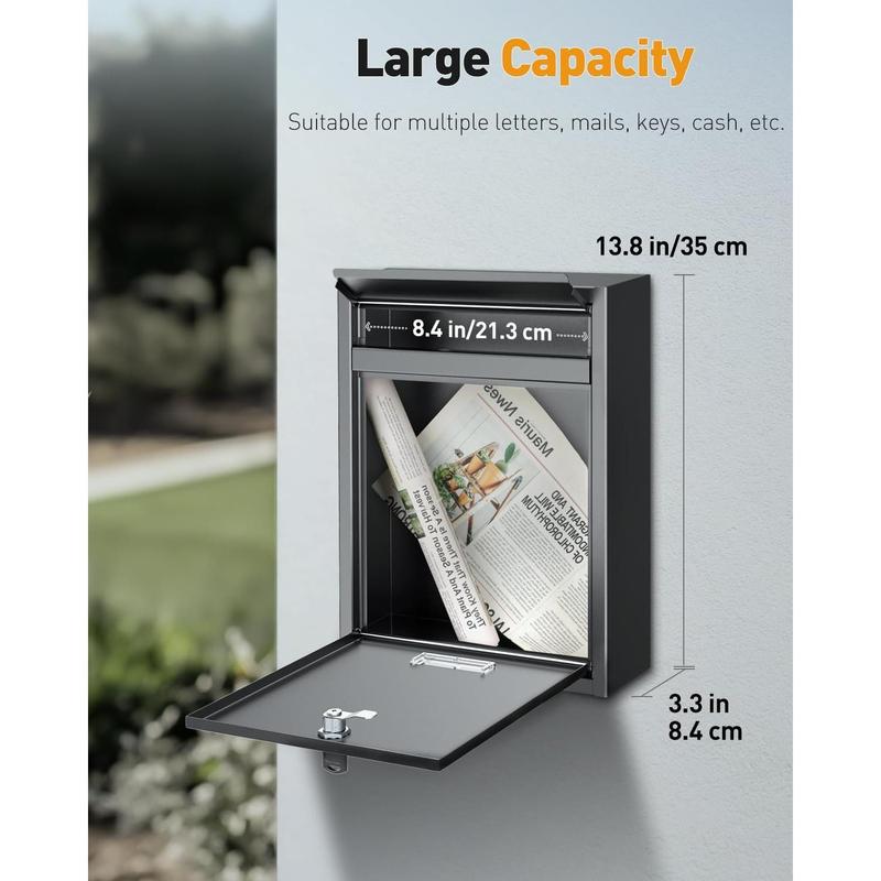 Wall Mount Mailbox for Outside, Locking Mail Box, Large Mailbox with Key Lock,  Mail Box for House, Safe Key Drop Box,  Box, Steel  Drop Box for Home Office School, Black