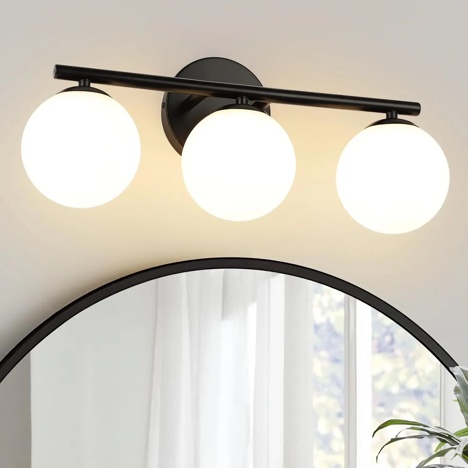 Black Globe Bathroom Light Fixtures 3-Light Vanity Light with Plastic Milk White Globe Shades Wall Sconce Vanity Lights for Bathroom Bedroom Hallway (Black, 18.11, Inches)