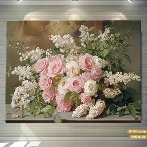 1pc Modern Pink Roses & White Lilac Framed Wall Art - Wrapped Canvas Wood Frame, Ready-to-Hang Floral Suitable for Home Office Decor, Mother's Day Gift, Soft Pastel Print, 2D Flat, Perfect for Room Decor