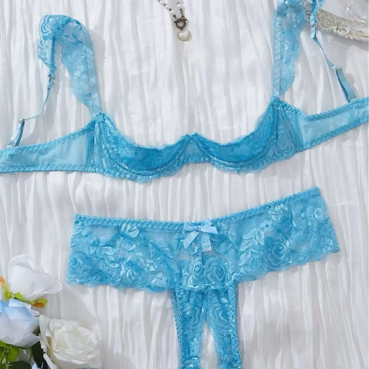 2026 Women's Floral Lace Sexy Lingerie Two-pieceSet, Romantic Underwire  Bandeau Bra &Scallop Trim Thong,Comfortable BreathableFabric Lingerie Set  for Daily Wear, Women'sUnderwear Set for All Seasons,EmeraldGreen Option  Valentine's Day gift Seamless ...