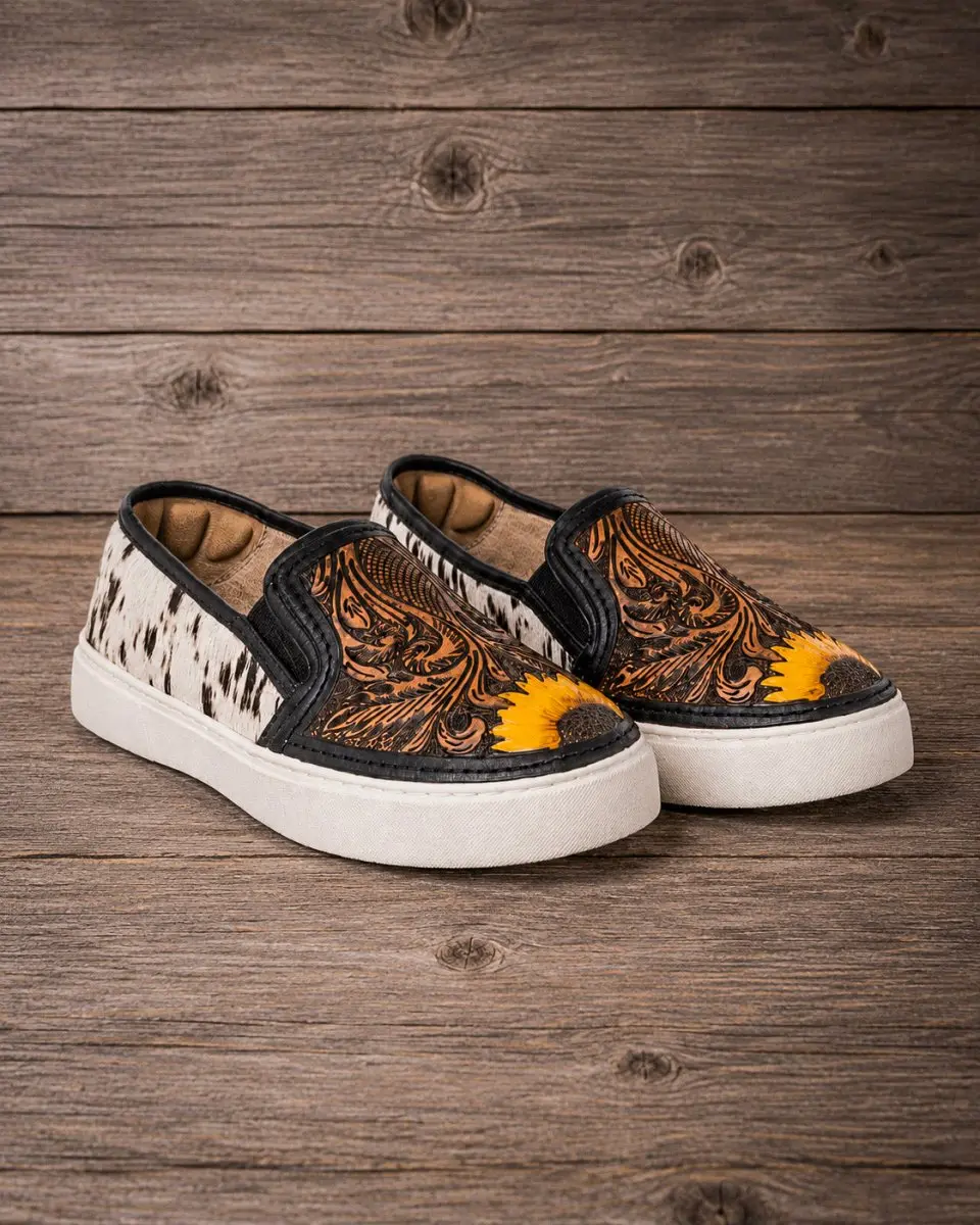Sunflower Trail Hair-On Leather Slip On Sneakers in Brown by Myra Bag