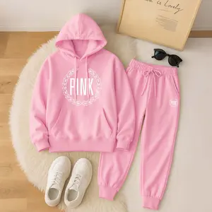 Women's Pink Letter Print Hoodie And Drawstring Track Pants Set, Casual Sportswear, Long-Sleeved Hooded Jacket And Pants, Suitable For Autumn And Winter, Everyday Wear, Indoor And Outdoor Sportswear, Casual Sportswear.