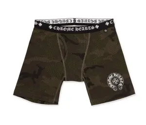 Men's Small Cotton Knit Elastic Long Boxer Briefs - Chrome Hearts Horseshoe Logo, Cross Plus Print, Camo White Multi Menswear Underwear