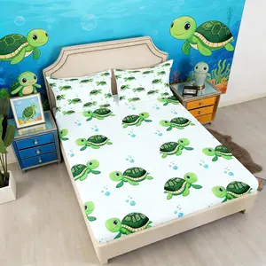 Green Sea Turtle Bedding Set,Blue Ocean Bed Sheets for Kids Boys Teens,Nautical Sea Animal Fitted Sheet Underwater World Reptile Bedding Decor Set,Tropical Hawaii Beach Decor