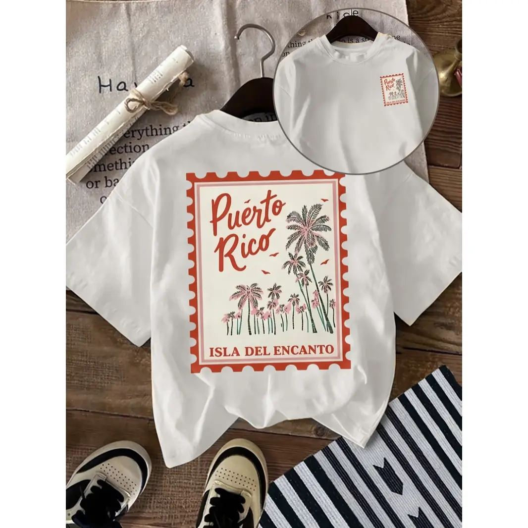 Women's Cotton Short-Sleeve T-Shirt - Puerto Rico Caribbean Island Graphic, Tropical Palm Tree Print, Soft Breathable, Overlocked Edges, Vacation Souvenir, Layer Over Hoodies, Casual Summer Beach Travel Streetwear Top, Shortsleeve, Tshirt
