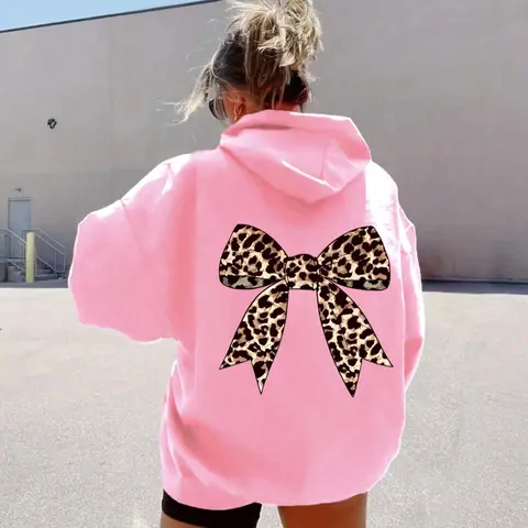 Women's Leopard Bowknot Print Thermal Lined Hoodie, Fashion Casual Everyday Drawstring Pocket Hooded Sweatshirt for Daily Holiday Outdoor Wear, Women Clothing for Fall & Winter