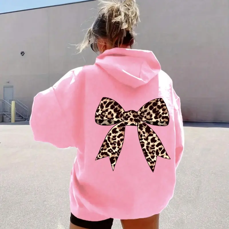 Women's Leopard Bowknot Print Thermal Lined Hoodie, Fashion Casual Everyday Drawstring Pocket Hooded Sweatshirt for Daily Holiday Outdoor Wear, Women Clothing for Fall & Winter