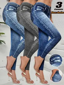 Women High Waist Stretchy Elastic Printed Denim Casual Yoga Pants, Slimming Butt Lifting Workout Tight Pants, Comfortable Breathable Quick-Dry Fitness Wear
